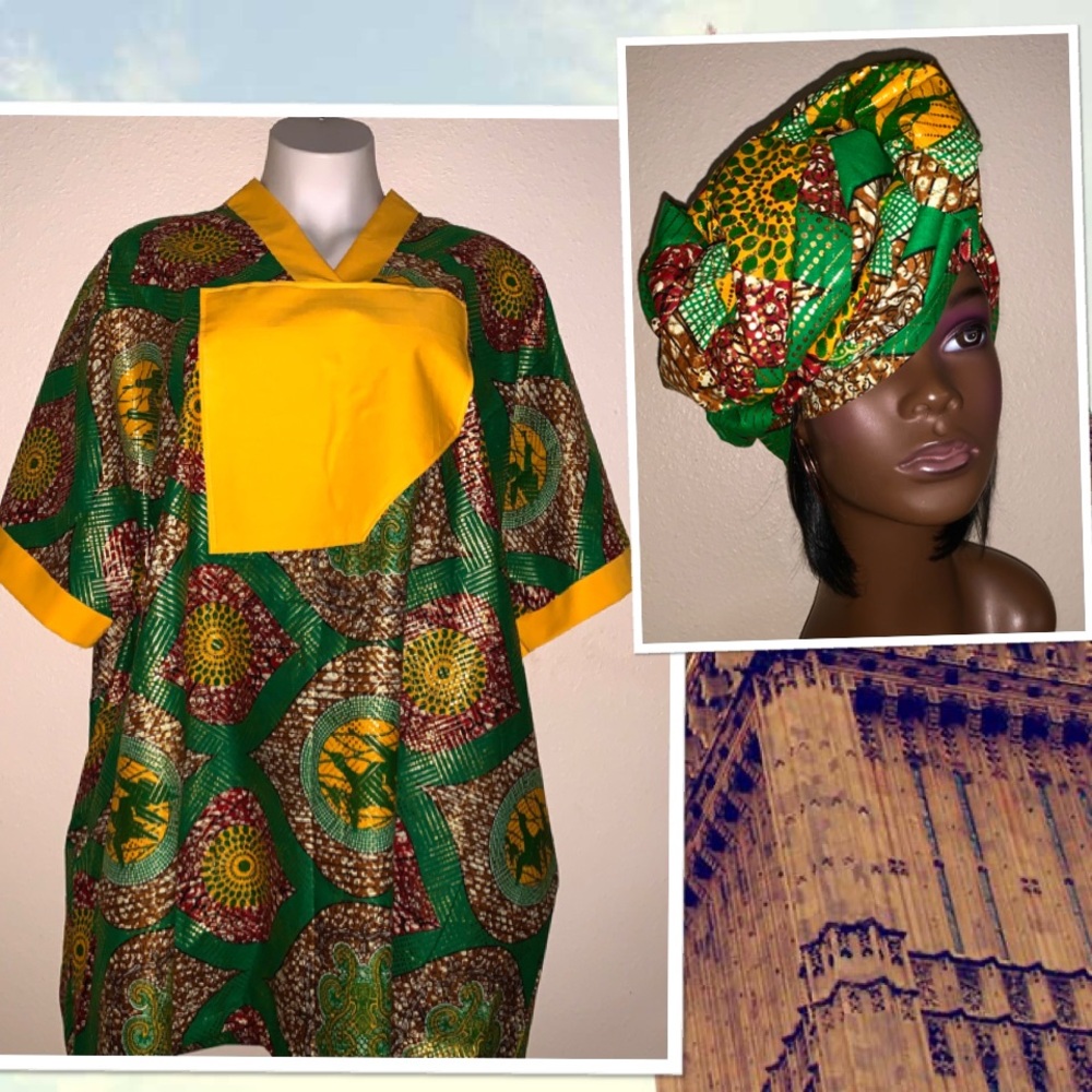Bubu dress kaftan & Headwrap plus size 1x-3x African print with pockets